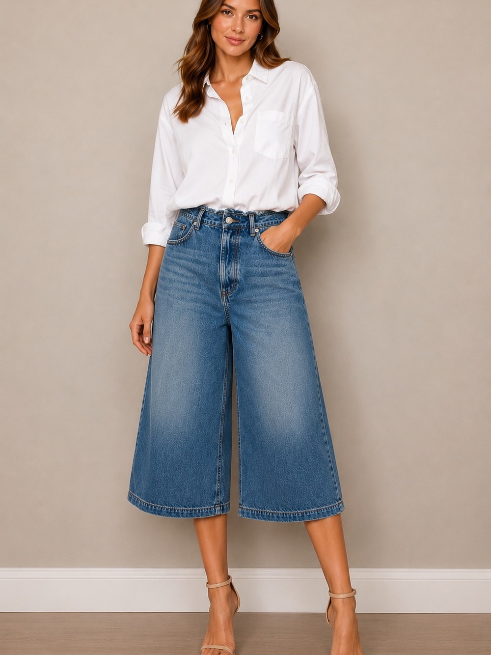 WE THE FREE Frayed Waist Culotte Denim Shorts Wide Leg Cropped Jeans 26 Blue